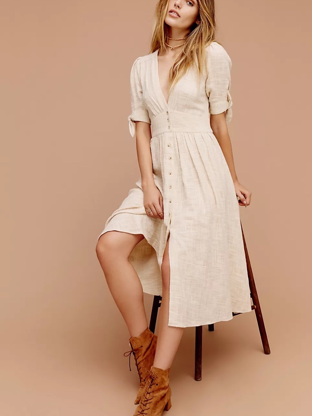 Free People Love Of My Life Midi Dress Cream Button-Front with Tie Sleeves Small